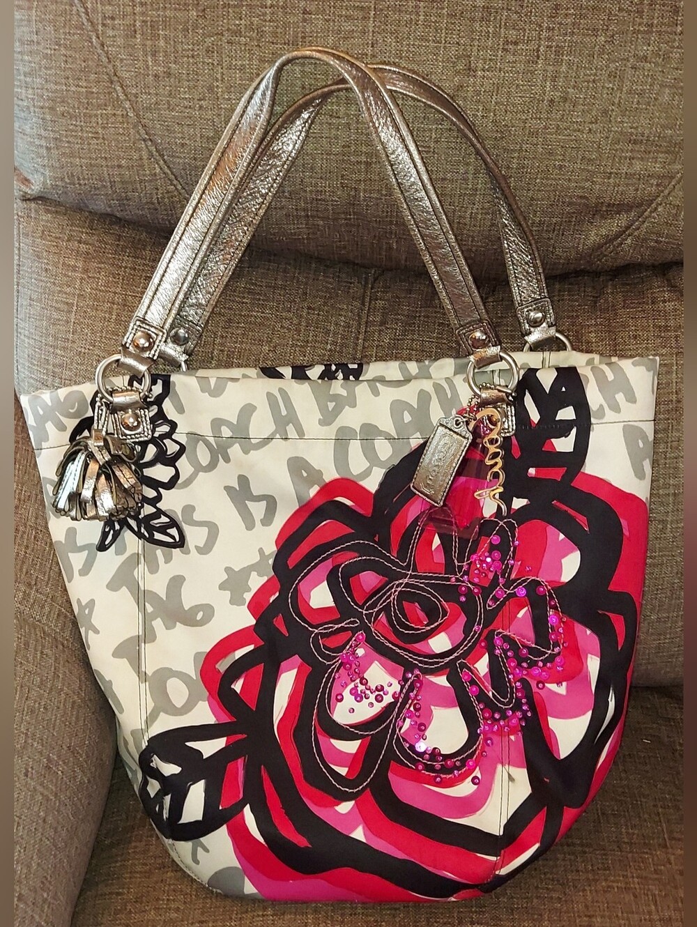 Coach Pink Poppy Floral Tote with Metallic Handles